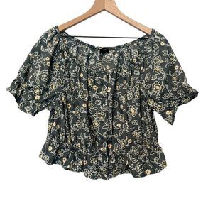 J. Crew Large Green Floral Cropped Top Gathered Scoopneck Shirt Vines
